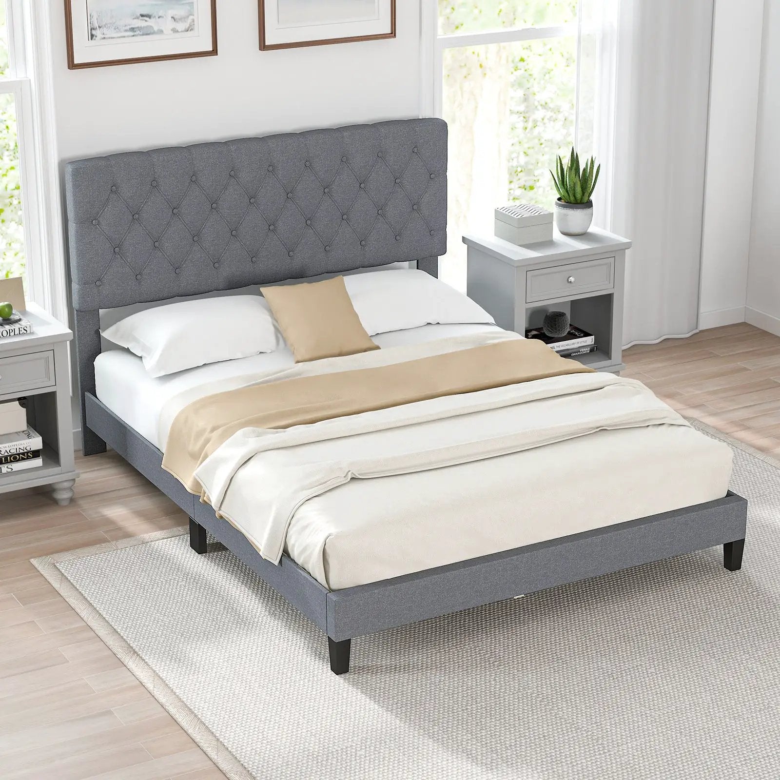 Queen Size Upholstered Platform Bed with Button Tufted Headboard-Queen by DirectDeals