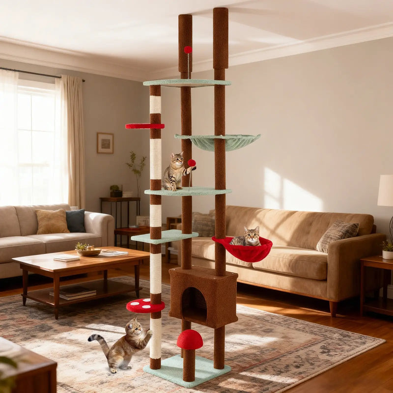 Floor to Ceiling Cat Tree Adjustable Mushroom Themed with Condo and Hammock-Brown by DirectDeals