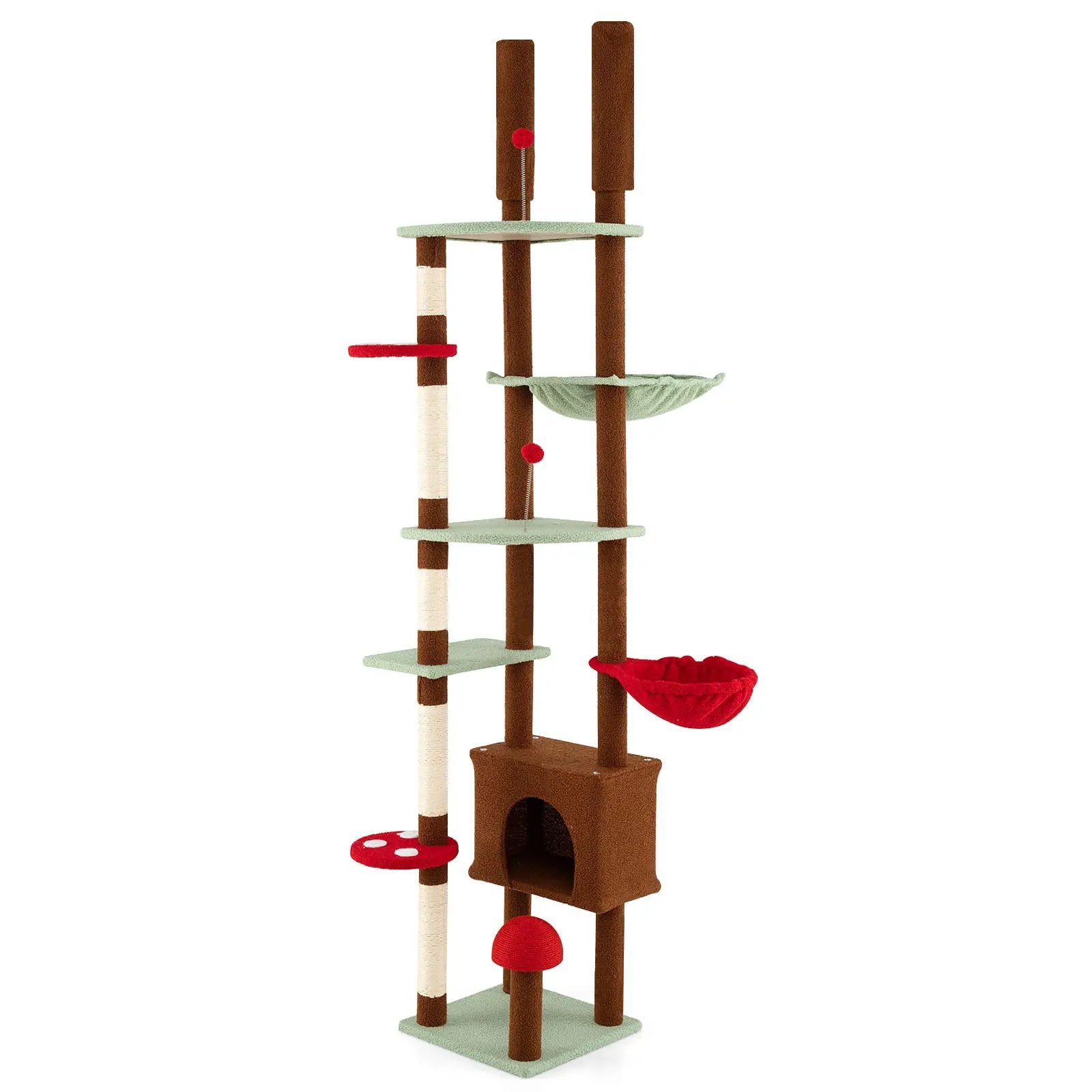 Floor to Ceiling Cat Tree Adjustable Mushroom Themed with Condo and Hammock-Brown by DirectDeals