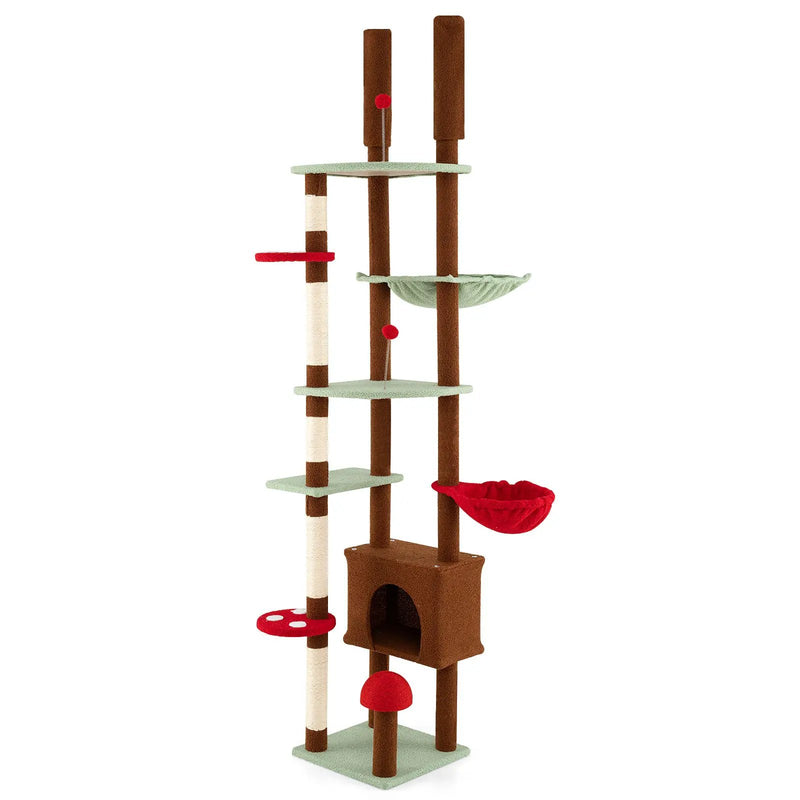 Floor to Ceiling Cat Tree Adjustable Mushroom Themed with Condo and Hammock-Brown by DirectDeals