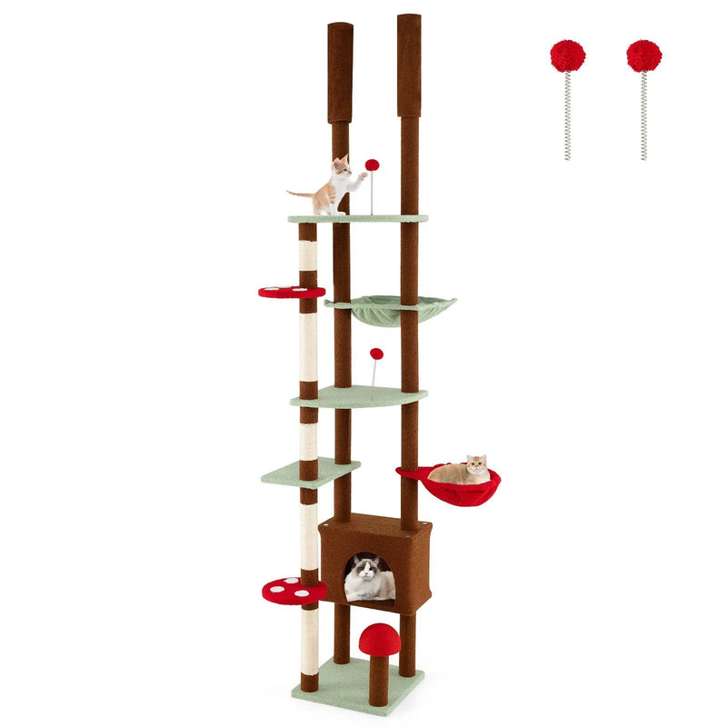 Floor to Ceiling Cat Tree Adjustable Mushroom Themed with Condo and Hammock-Brown by DirectDeals