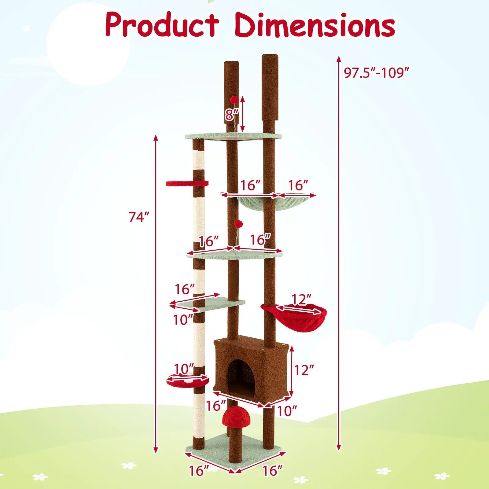 Floor to Ceiling Cat Tree Adjustable Mushroom Themed with Condo and Hammock-Brown by DirectDeals