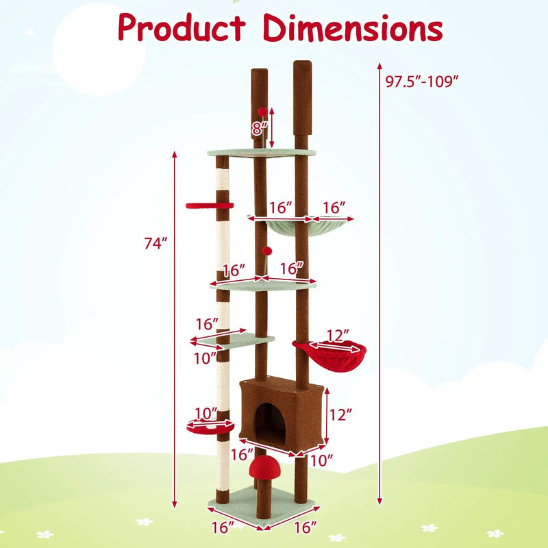 Floor to Ceiling Cat Tree Adjustable Mushroom Themed with Condo and Hammock-Brown by DirectDeals