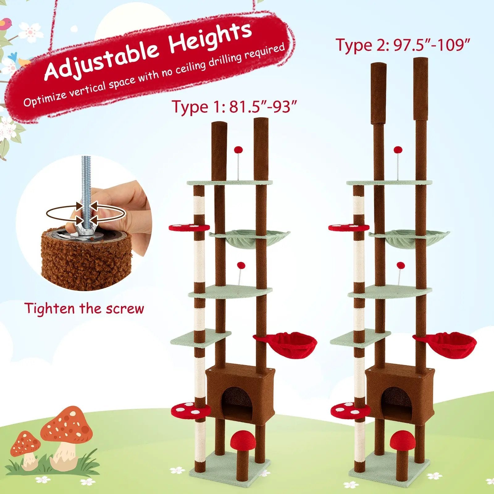 Floor to Ceiling Cat Tree Adjustable Mushroom Themed with Condo and Hammock-Brown by DirectDeals