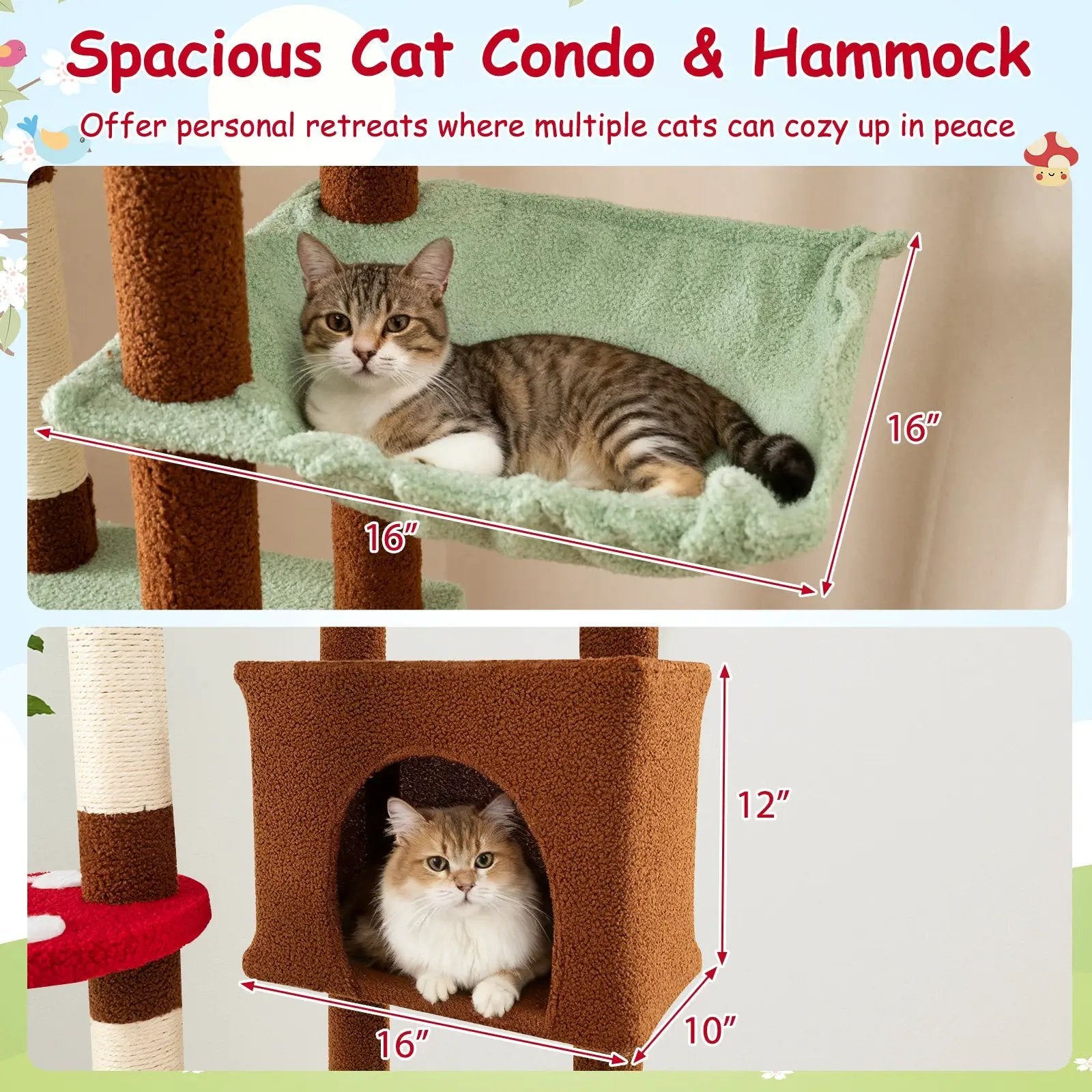 Floor to Ceiling Cat Tree Adjustable Mushroom Themed with Condo and Hammock-Brown by DirectDeals
