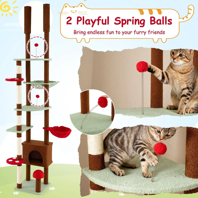Floor to Ceiling Cat Tree Adjustable Mushroom Themed with Condo and Hammock-Brown by DirectDeals