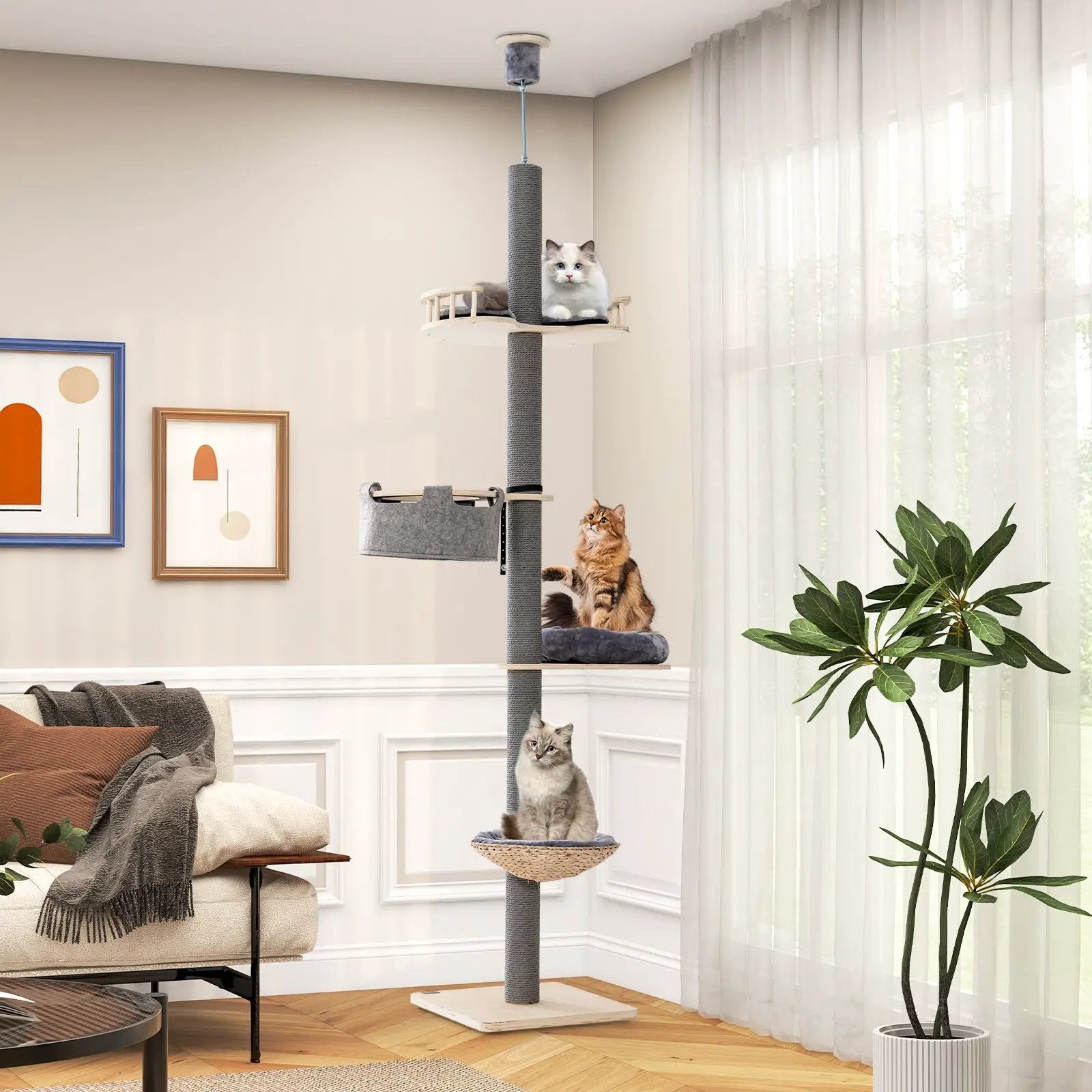 Floor to Ceiling Cat Tree with 93 Inch-107 Inch Adjustable Height-Gray by DirectDeals