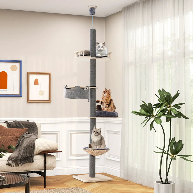 Floor to Ceiling Cat Tree with 93 Inch-107 Inch Adjustable Height-Gray by DirectDeals