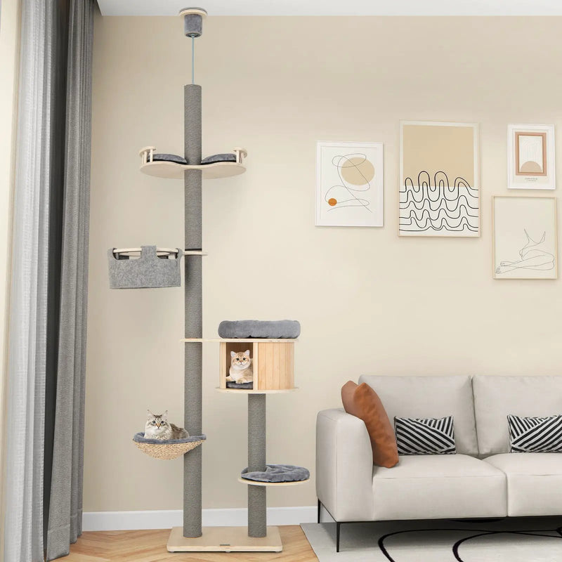 6-tier Floor-to-Ceiling Cat Tree 100-110 Inches Adjustable Height-Natural by DirectDeals