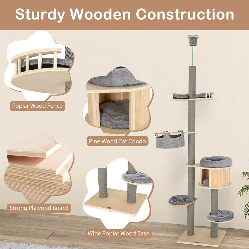 6-tier Floor-to-Ceiling Cat Tree 100-110 Inches Adjustable Height-Natural by DirectDeals