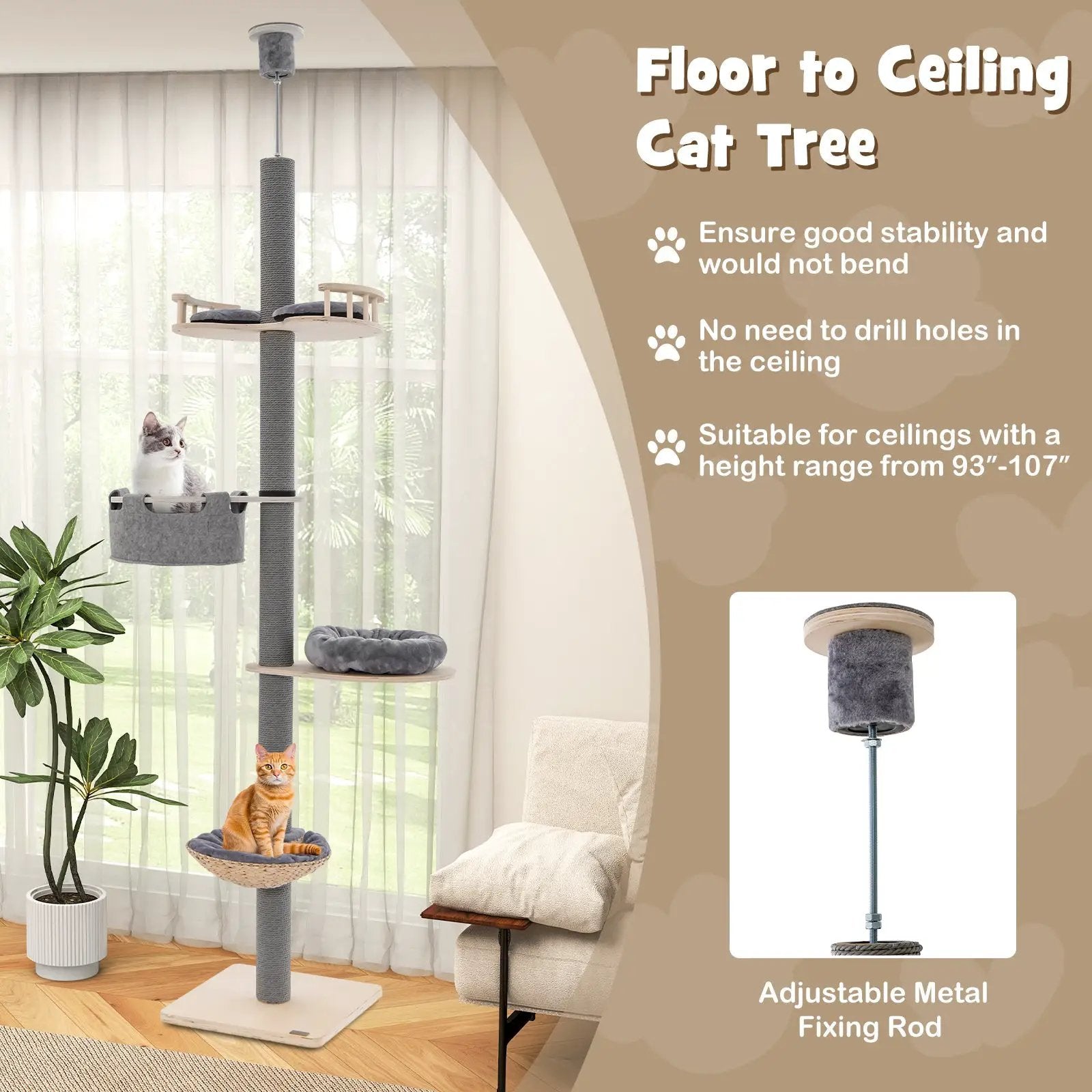 Floor to Ceiling Cat Tree with 93 Inch-107 Inch Adjustable Height-Gray by DirectDeals