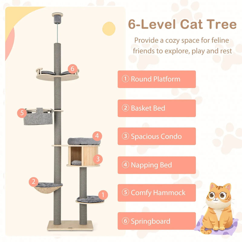 6-tier Floor-to-Ceiling Cat Tree 100-110 Inches Adjustable Height-Natural by DirectDeals