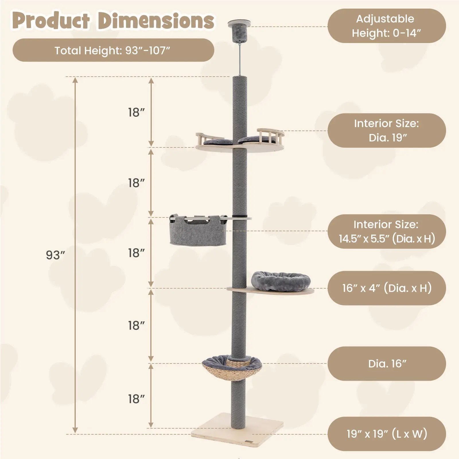 Floor to Ceiling Cat Tree with 93 Inch-107 Inch Adjustable Height-Gray by DirectDeals