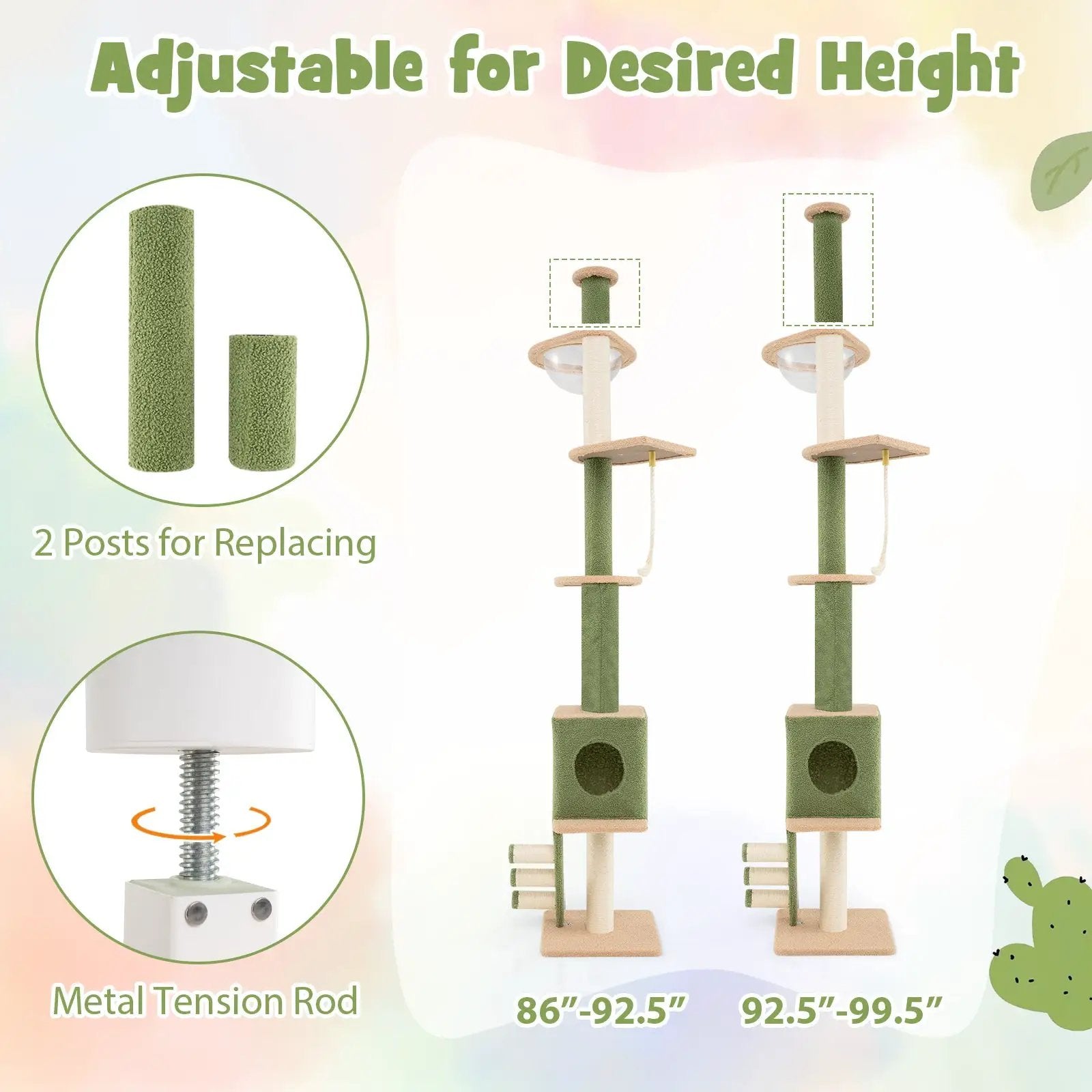 Floor to Ceiling Cat Tree with 86-99.5 Inch Adjustable Height and Extra Post-Green by DirectDeals