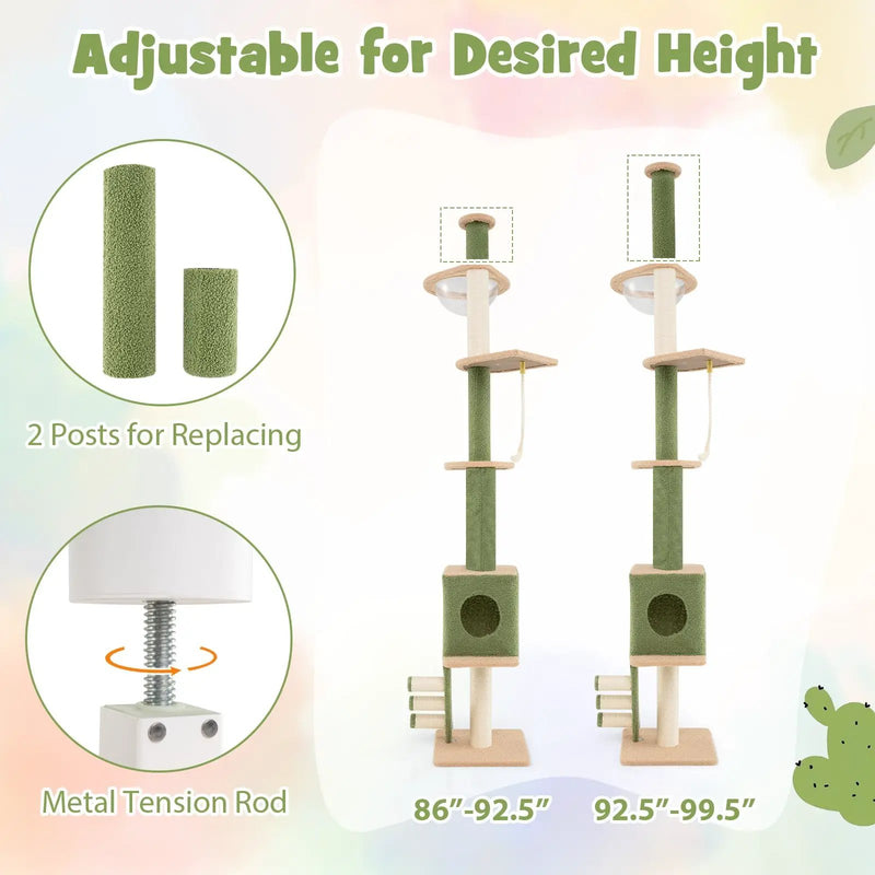 Floor to Ceiling Cat Tree with 86-99.5 Inch Adjustable Height and Extra Post-Green by DirectDeals