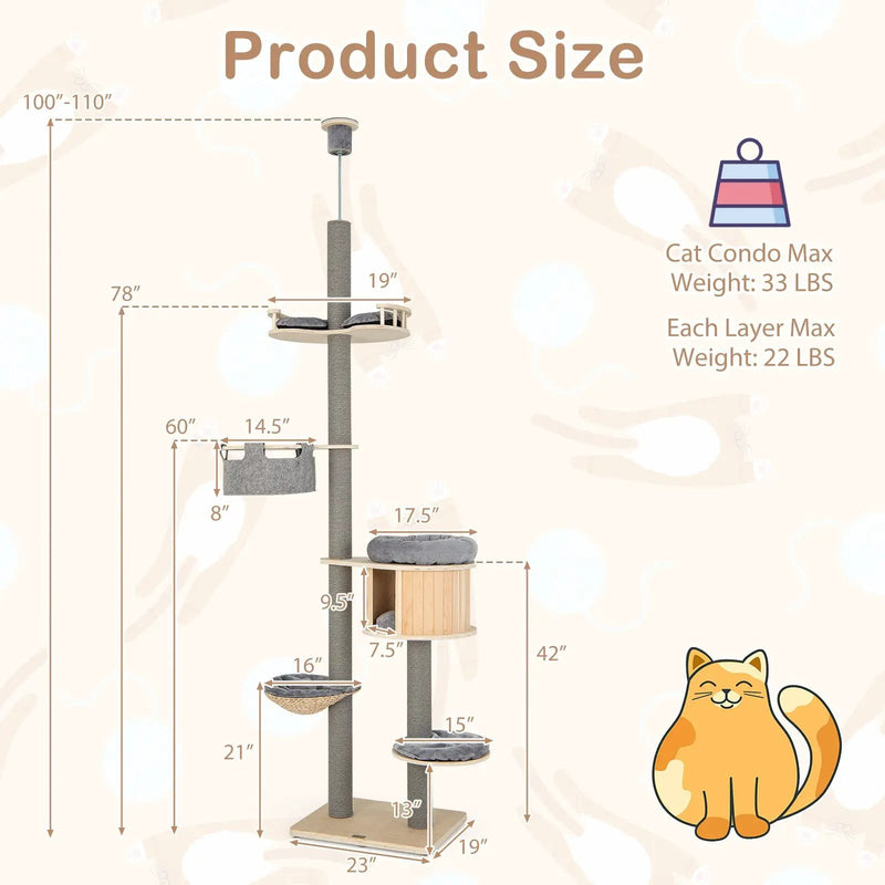 6-tier Floor-to-Ceiling Cat Tree 100-110 Inches Adjustable Height-Natural by DirectDeals