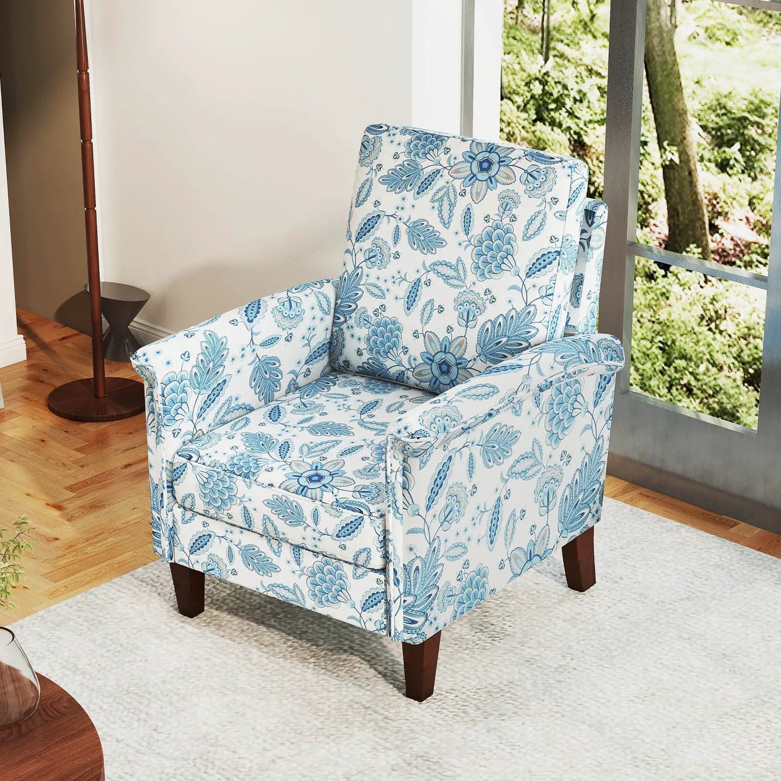Floral Accent Chair Farmhouse Boho Armchair with Solid Wood Legs and High Back by DirectDeals
