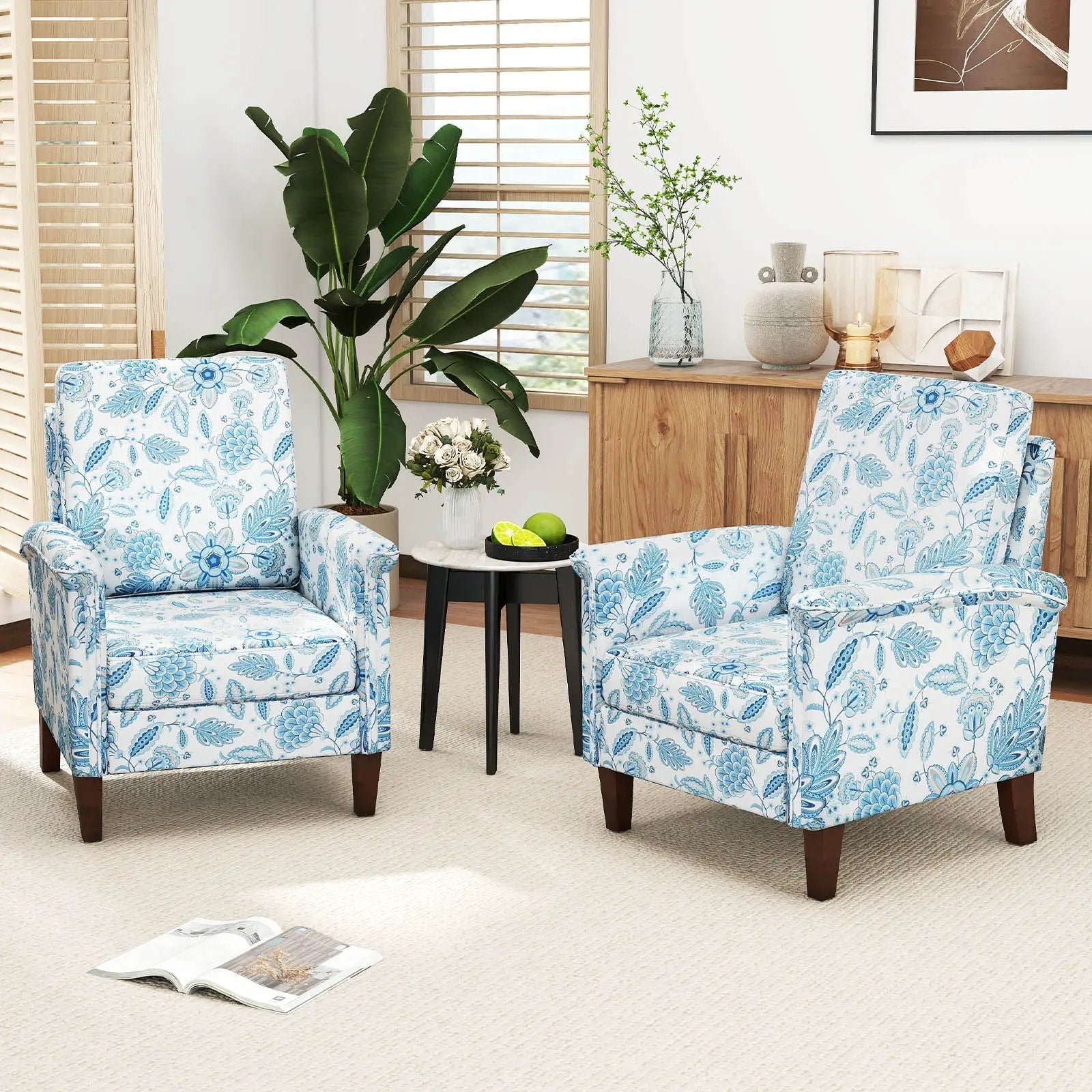 Floral Accent Chair Farmhouse Boho Armchair with Solid Wood Legs and High Back by DirectDeals