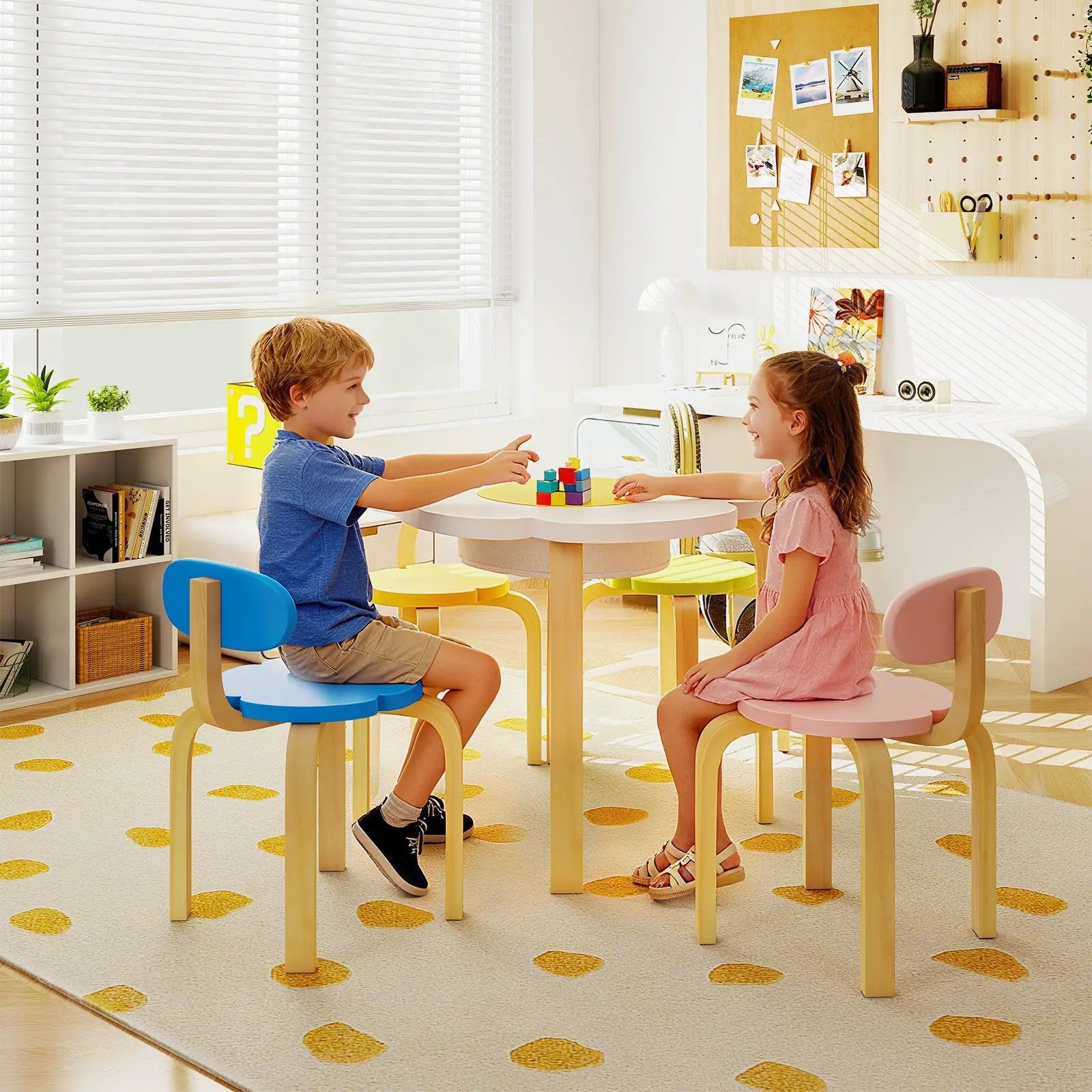 Flower-shaped Children Table Set Wooden Play and Activity Table with 2 Colorful Chairs and Stools-Multicolor by DirectDeals