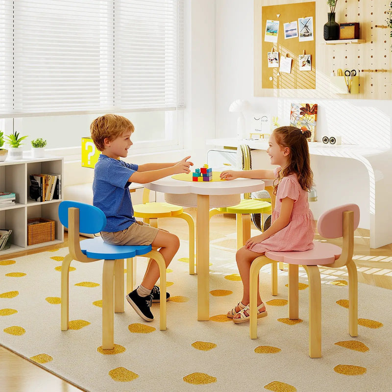 Flower-shaped Children Table Set Wooden Play and Activity Table with 2 Colorful Chairs and Stools-Multicolor by DirectDeals