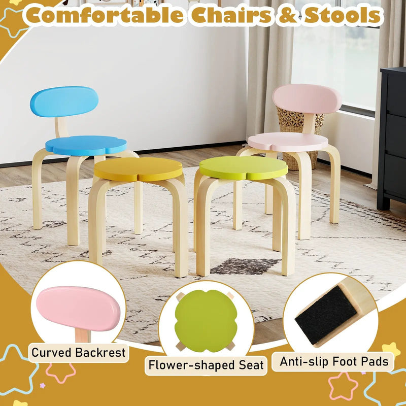 Flower-shaped Children Table Set Wooden Play and Activity Table with 2 Colorful Chairs and Stools-Multicolor by DirectDeals