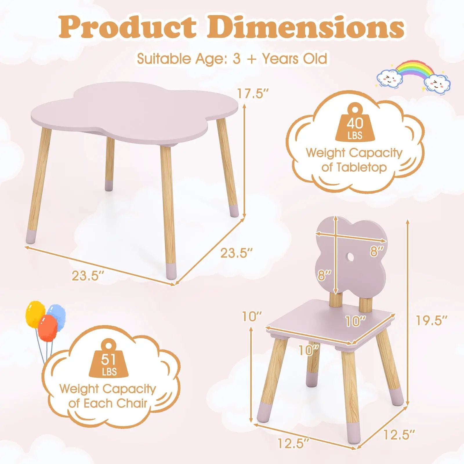 Flower-shaped Kids Table Set with Solid Pine Wood Legs by DirectDeals