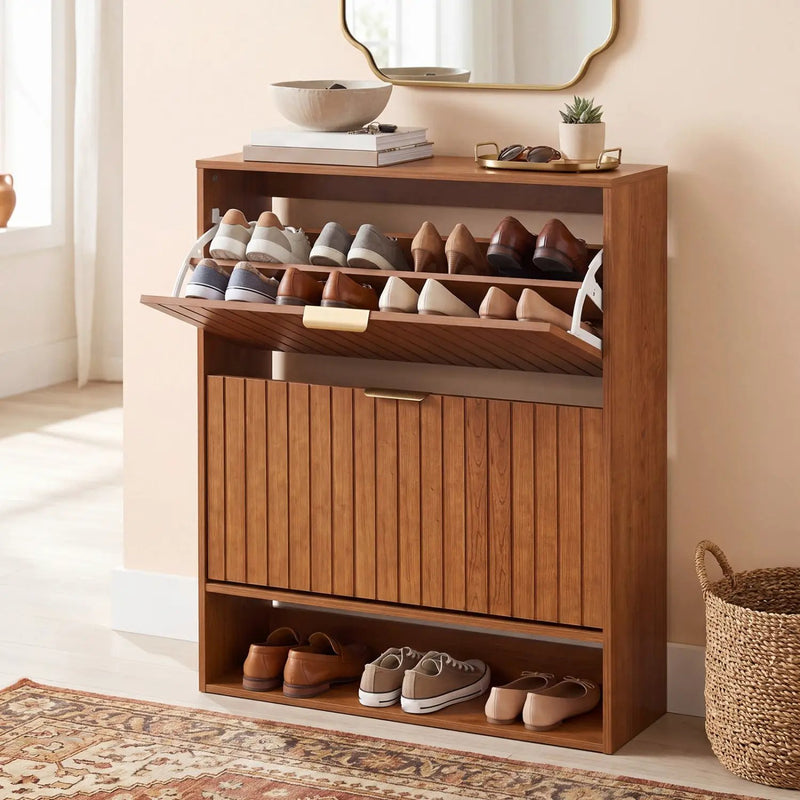 Fluted Shoe Cabinet with 2 Flip Drawers and Open Storage by DirectDeals