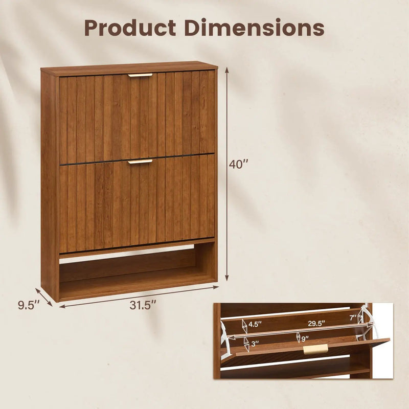 Fluted Shoe Cabinet with 2 Flip Drawers and Open Storage by DirectDeals