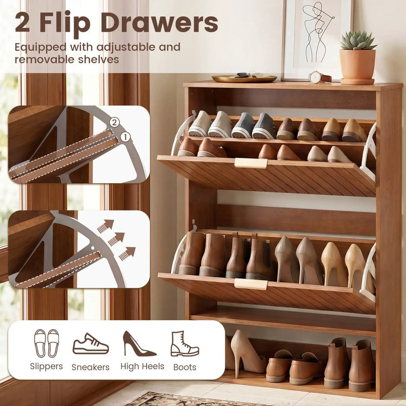 Fluted Shoe Cabinet with 2 Flip Drawers and Open Storage by DirectDeals
