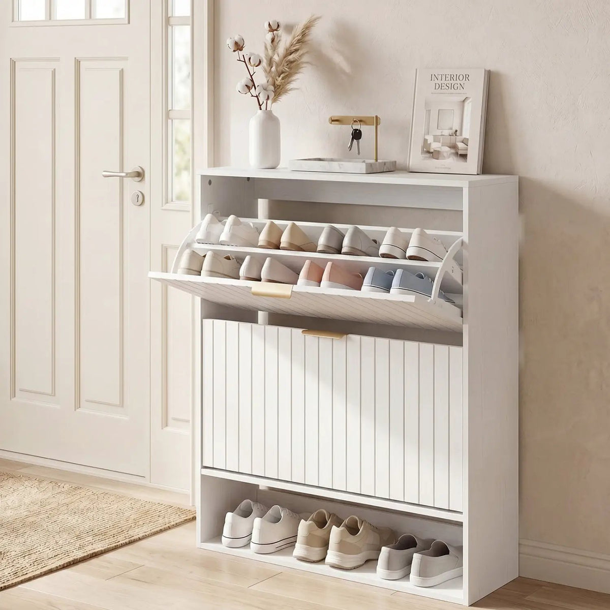 Fluted Shoe Cabinet with 2 Flip Drawers and Open Storage by DirectDeals