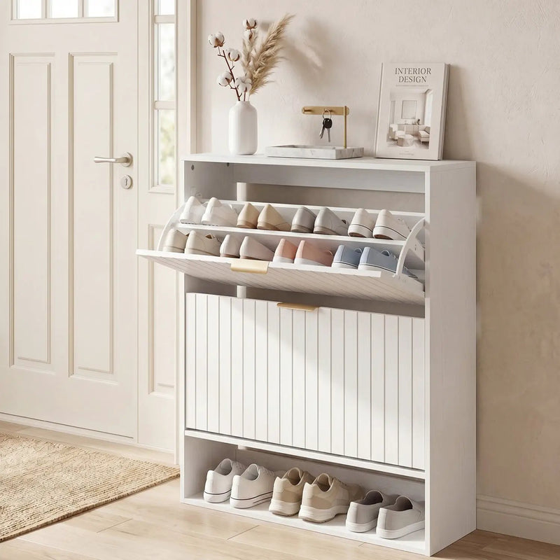 Fluted Shoe Cabinet with 2 Flip Drawers and Open Storage by DirectDeals