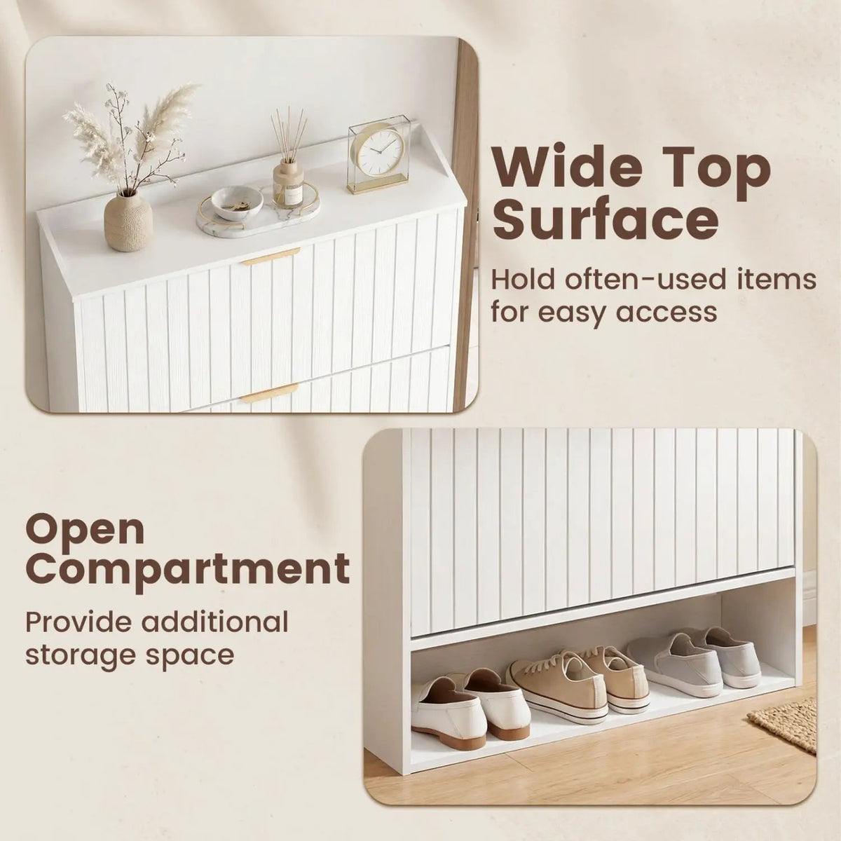 Fluted Shoe Cabinet with 2 Flip Drawers and Open Storage by DirectDeals