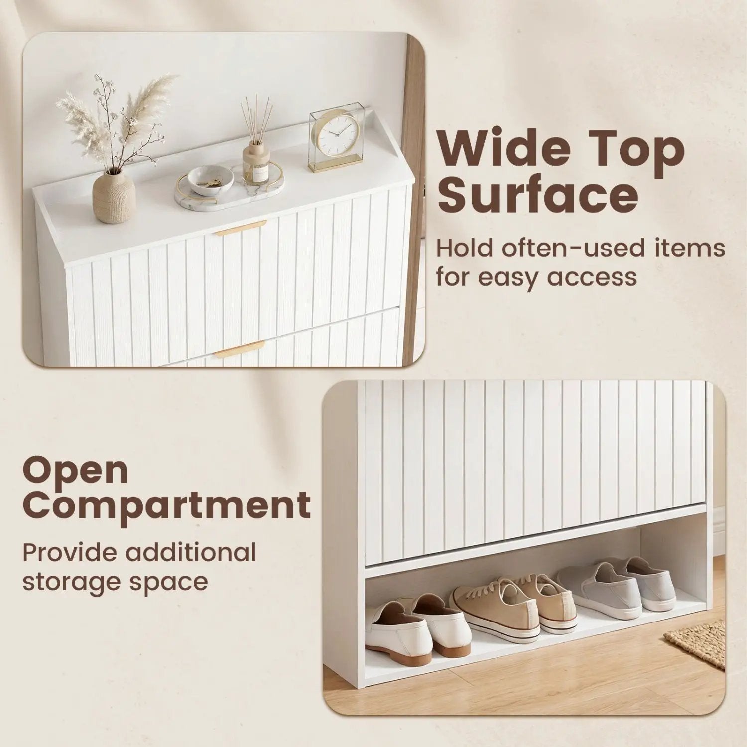 Fluted Shoe Cabinet with 2 Flip Drawers and Open Storage by DirectDeals