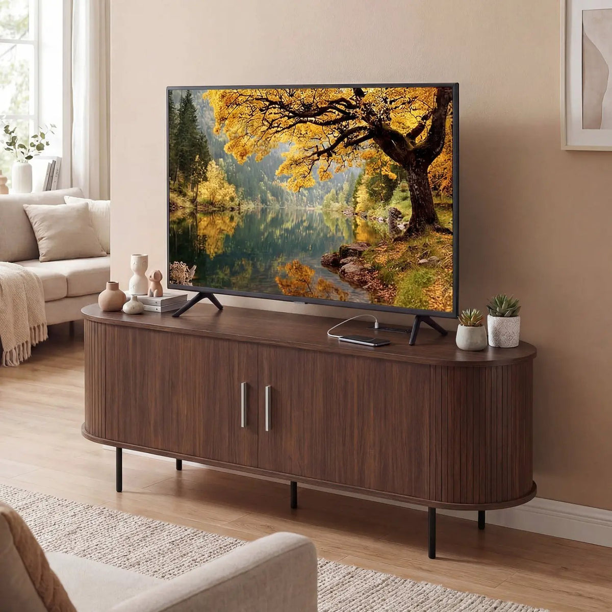 Fluted TV Stand for TVs up to 60" Mid Century Curved Entertainment Center by DirectDeals