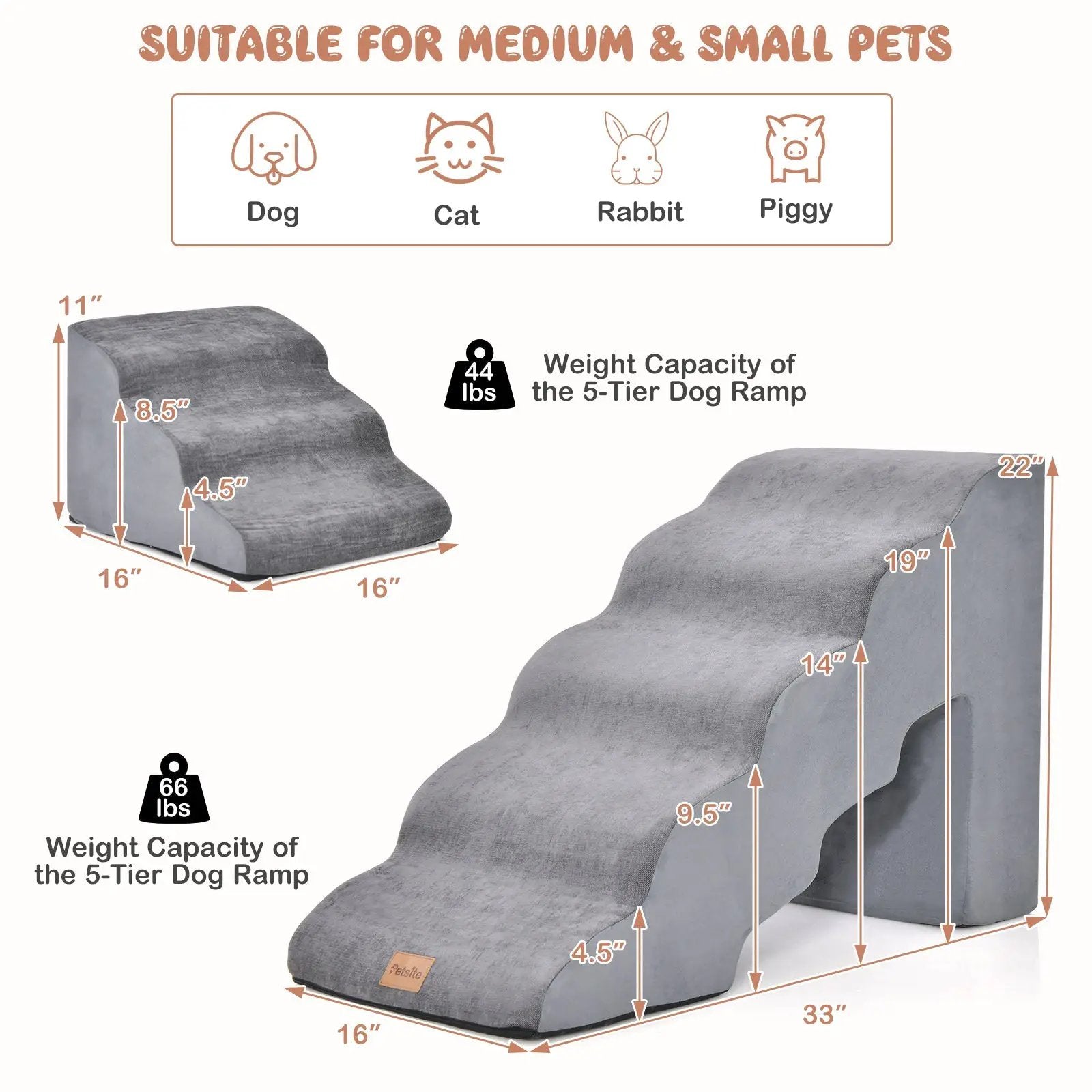 22 Inches and 11 Inches Foam Pet Stairs Set with 5-Tier and 3-Tier Dog Ramps by DirectDeals