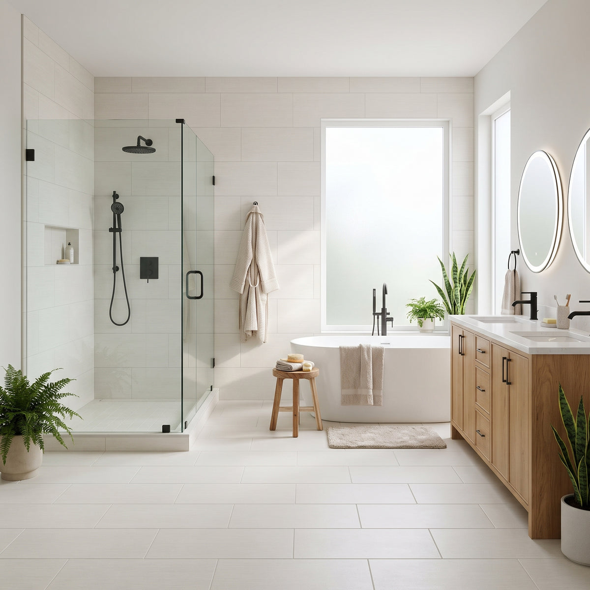 A modern bathroom interior with a glass shower enclosure, freestanding bathtub, wood vanity, round mirrors, and potted plants in a bright, clean space.