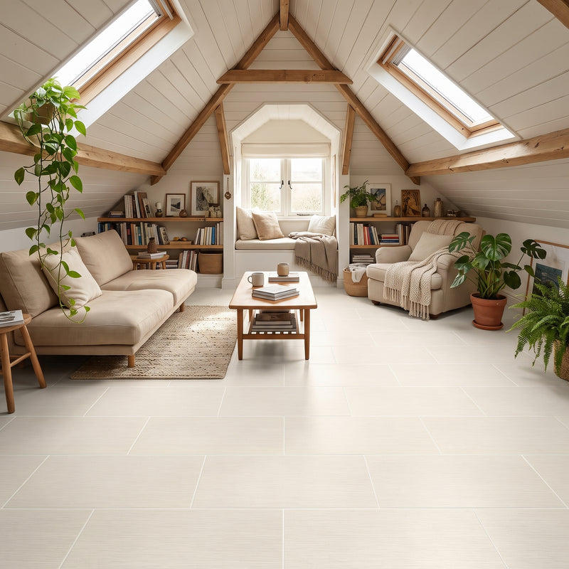 A bright, modern attic living room with light beige floor tiles, a beige sofa, a wooden coffee table, bookshelves, and potted plants under a wood-beamed vaulted ceiling with skylights.