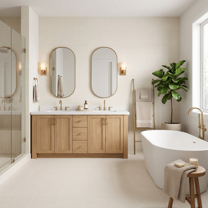 A bright, modern bathroom featuring a double-sink vanity with light wood cabinets, two oval mirrors, and a white freestanding bathtub. A large green potted plant stands near the window, and the room is illuminated by natural light and warm wall sconces.