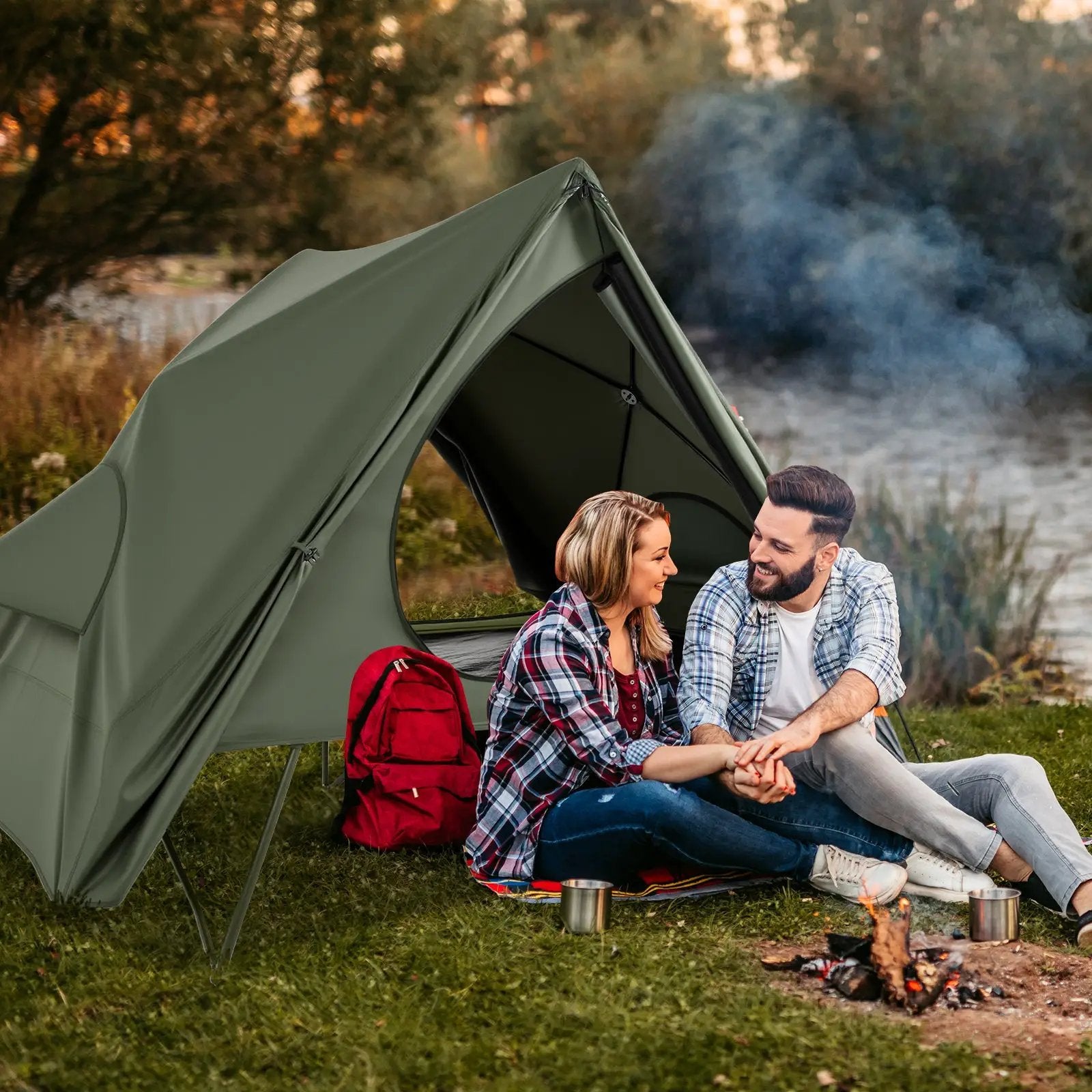 Foldable 2-Person Camping Cot Tent with Pop-up Tent Shelter and Portable Wheeled Bag-Green by DirectDeals