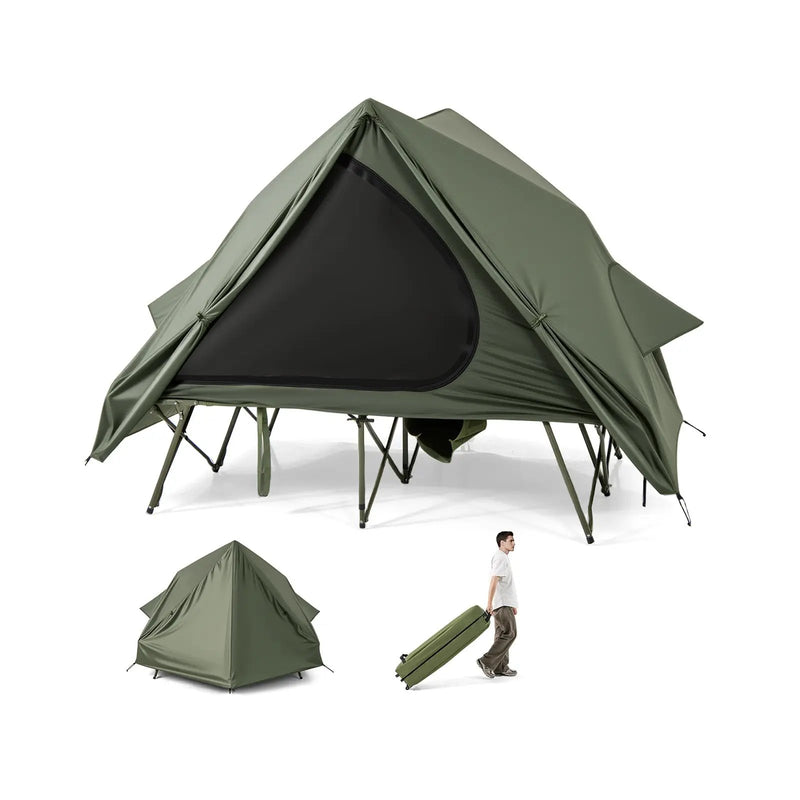 Foldable 2-Person Camping Cot Tent with Pop-up Tent Shelter and Portable Wheeled Bag-Green by DirectDeals