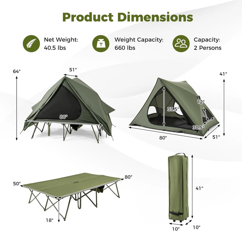 Foldable 2-Person Camping Cot Tent with Pop-up Tent Shelter and Portable Wheeled Bag-Green by DirectDeals