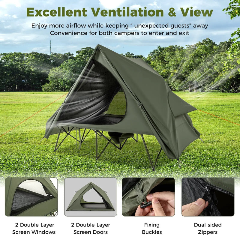 Foldable 2-Person Camping Cot Tent with Pop-up Tent Shelter and Portable Wheeled Bag-Green by DirectDeals