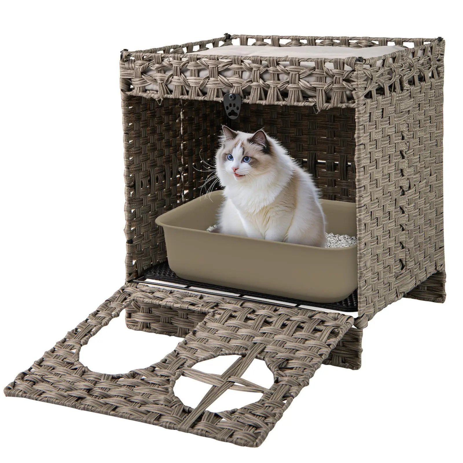 Foldable 2-tier Rattan Cat Litter Box Enclosure with Litter Mat-Grey by DirectDeals