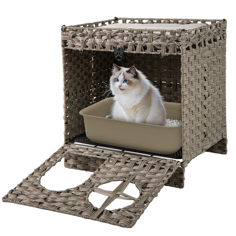 Foldable 2-tier Rattan Cat Litter Box Enclosure with Litter Mat-Grey by DirectDeals