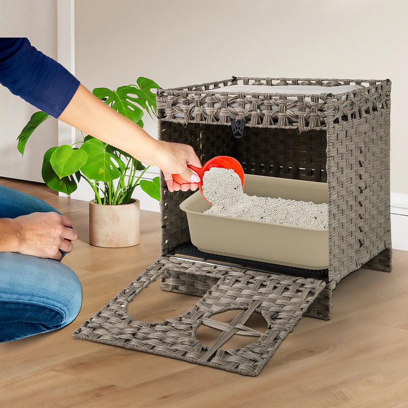 Foldable 2-tier Rattan Cat Litter Box Enclosure with Litter Mat-Grey by DirectDeals