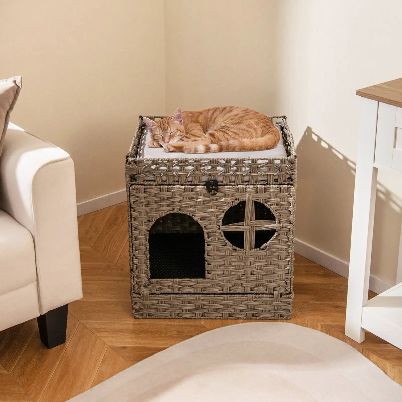 Foldable 2-tier Rattan Cat Litter Box Enclosure with Litter Mat-Grey by DirectDeals