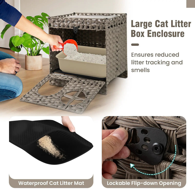 Foldable 2-tier Rattan Cat Litter Box Enclosure with Litter Mat-Grey by DirectDeals