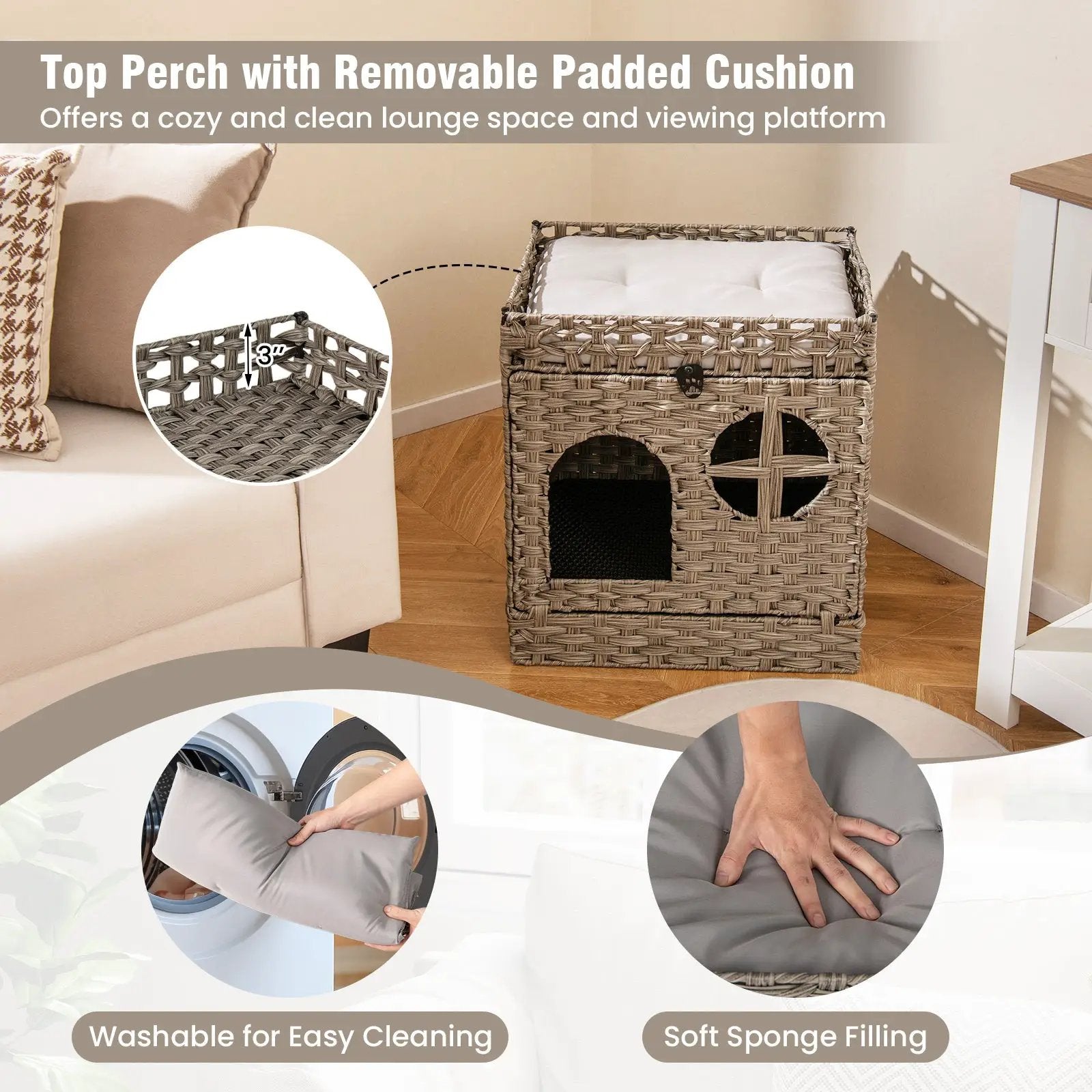 Foldable 2-tier Rattan Cat Litter Box Enclosure with Litter Mat-Grey by DirectDeals