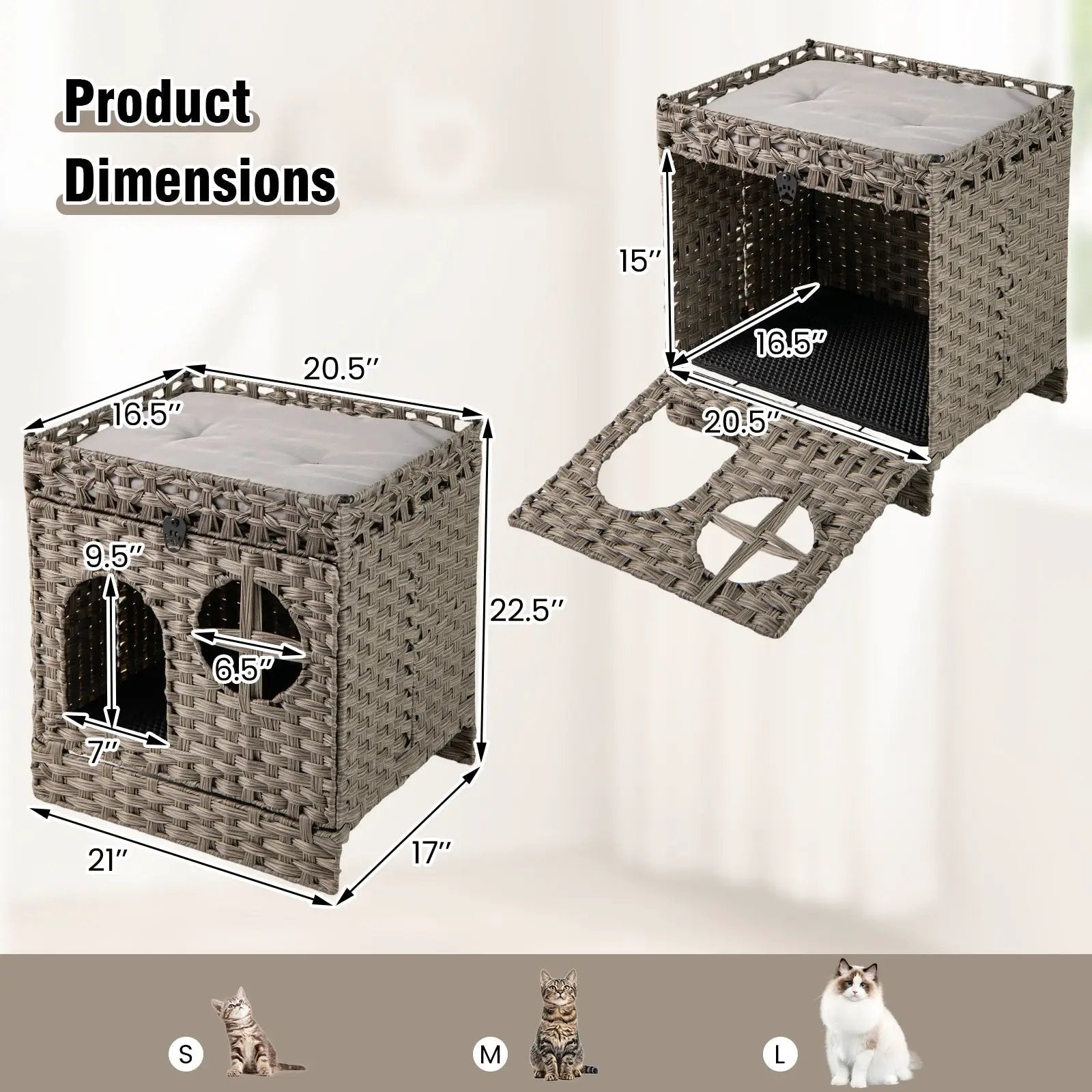 Foldable 2-tier Rattan Cat Litter Box Enclosure with Litter Mat-Grey by DirectDeals