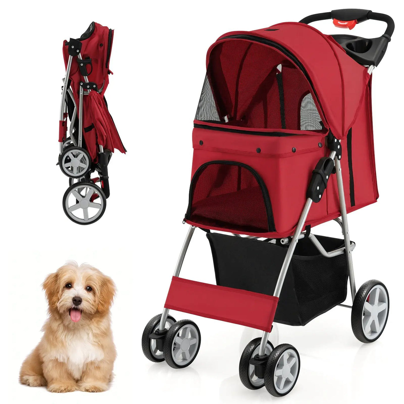Folding Pet Stroller with Storage Basket and Adjustable Canopy by DirectDeals